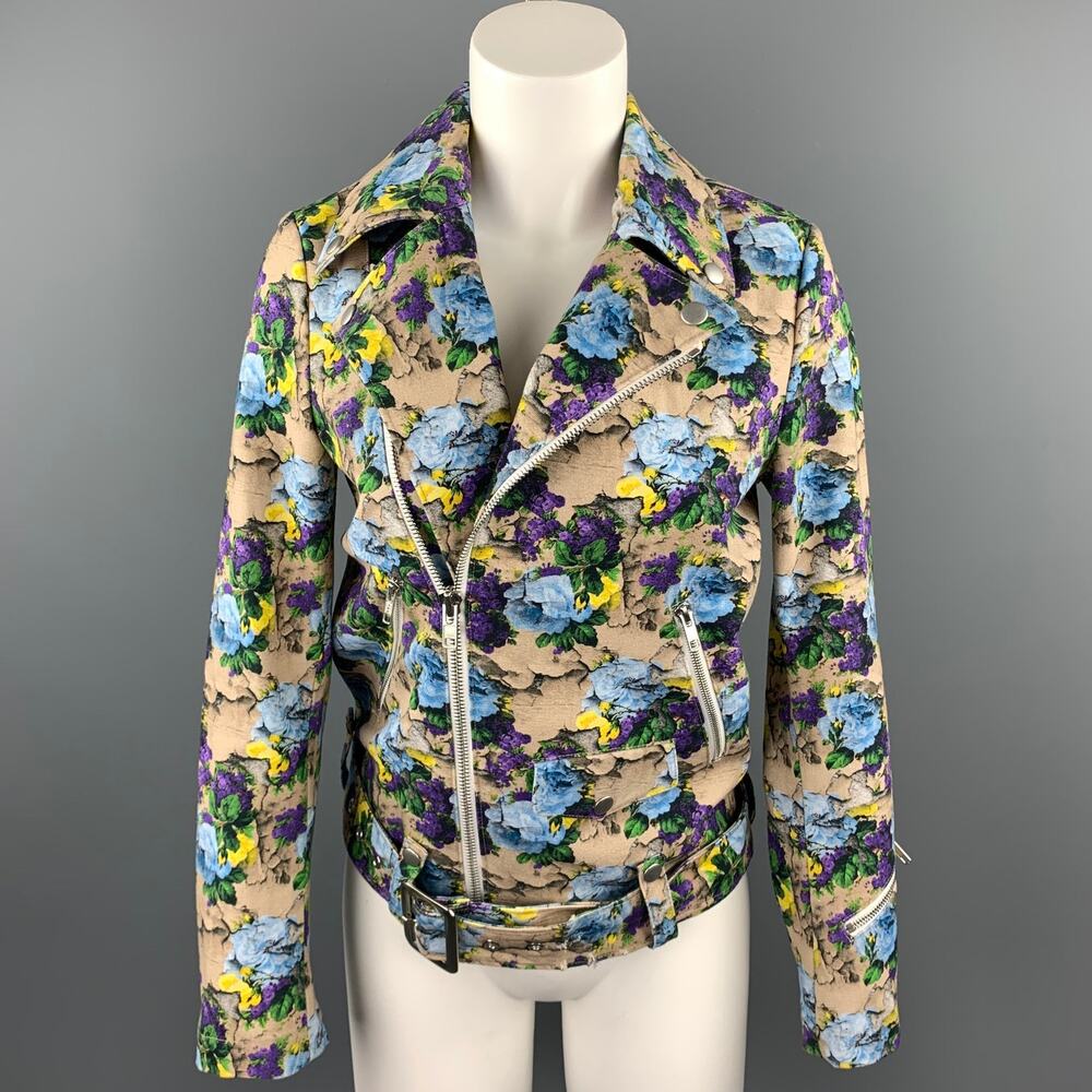 MSGM Size 4 Khaki & Purple Floral Cotton Biker Jacket